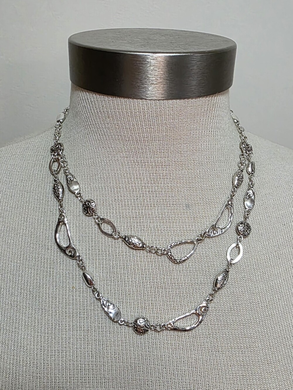 Silvertone Layered Charm Chain Necklace 19" Long Lobster Clasp
